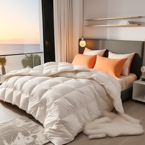 Sophia & William 2 in 1 All Season Comforter Set, 1 Feather & Down Comforter and 1 Microfibre Comforter, Snap Button to Attach, Fluffy Bedding Comforter with 100% Cotton Cover, Queen, White
