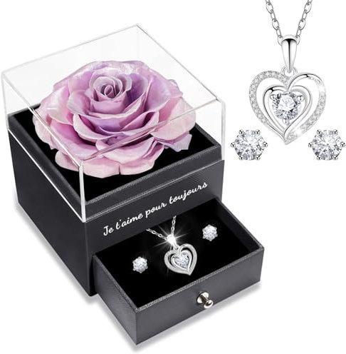 Yamonic Rose Eternelle avec Bijoux Argent 925,Cadeau Femme, Rose Préservée avec Collier Femme Coffret Cadeau Noel Saint Valentin Femme Anniversaire Fete des Mere Cadeau Maman Je t'aime pour Toujours