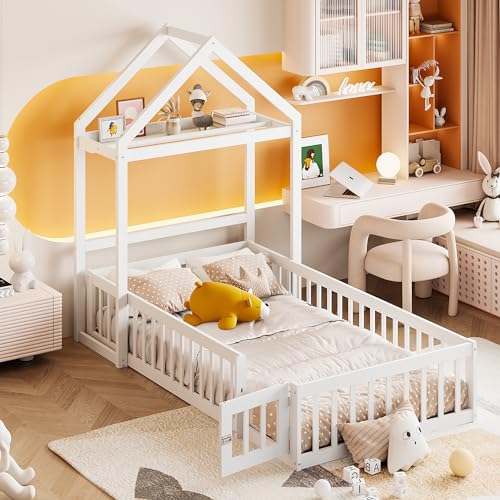 FEZTOY Kinderbett Hausbett 90x200cm, Bodenbett mit Geländer,Türen & Lattenrost, Funktionsbett mit Regal, Holz Baumhausbett für Mädchen & Jungen, Ohne Matratze