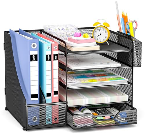 Apritsce Schreibtisch Organizer mit Aktenhalter, 5-stufiger Papier Ablagefächer mit Schublade und Stifthalter, Multifunktionaler Mesh Schreibtisch Akten Organizer für Büro Zuhause