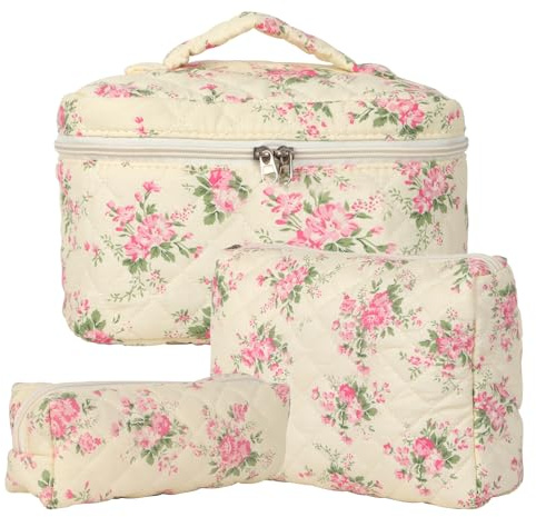 3pcs Neceser Maquillaje, Neceser Viaje Mujer de Algodón, Floral Makeup Bag, Organizador Bolsa de Aseo para Maquillaje Necessaire Viajes Accesorios de Mujer Kosmetiktasche Damen