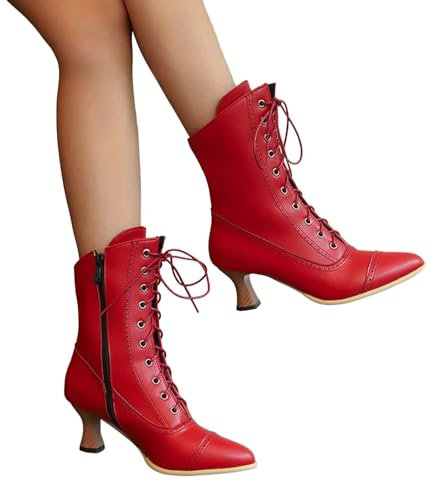 Damen Stiefeletten: Sexy Leder Spitz Bequem Biker Boots Schnürstiefeletten Winter Elegant mit Absatz Warme Stiefeletten Winterstiefel Weite H Schwarz Ankle Boots Gothic Schuhe