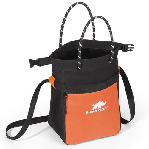 Rhino Valley Magnesiabeutel, kein Leck magnetische Klettern Chalk Bag mit Griff, Klettern Chalk Bucket Gear mit verstellbaren Gürtel Reißverschlusstaschen für Fitness, Gewichtheben, Schwarz+Orange