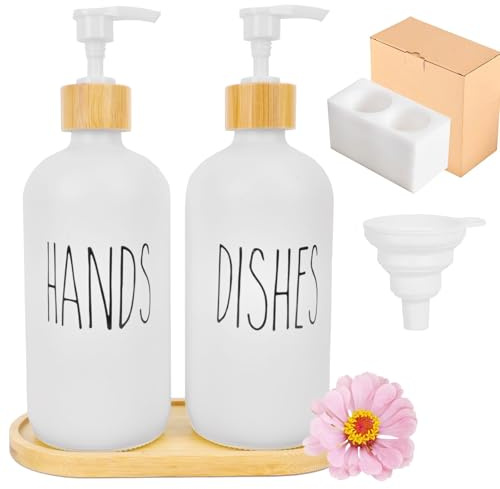 Luabue 2Pcs Soap Dispenser Kitchen Hand & Dish Wash Dispenser Washing Up Liquid Dispenser White Glass Soap Dispenser 500ml with Bamboo Pump &Tray for Kitchen Bathroom Countertop Laundry Room
