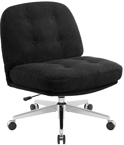 IWMH Bürostuhl ohne Armlehne, Sessel Wohnzimmer mit gekreuzten Beinen, Ergonomischer Drehstuhl mit Extra Stoff großes Kissen, Schreibtischstuhl für Heimbüro,Vanity,Schlafzimmer (Schwarz mit Rollen)