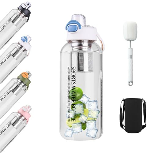 SASMoiyug Bouteille d'eau en verre borosilicate transparent de 1,5 l, avec filtre et brosse, anti-fuite, pour le sport, la randonnée, le camping, l'école et le bureau (blanc)
