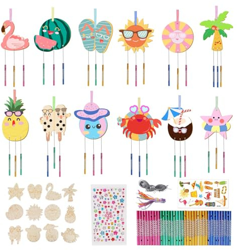 Lot de 12 carillons éoliens pour enfants - Plage d'été en bois - Carillon éolien - Kit de bricolage pour l'été - Décoration de fête hawaïenne - Carillon sonore en bois - Bricolage - Décoration de