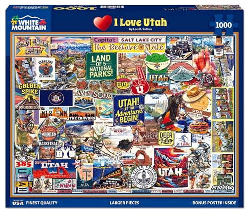 White Mountain 1000 Piece Jigsaw Puzzle Beehive State Collage Puzzles with Large Pieces, Gift for Adults and Family 24x30 - I Love Utah