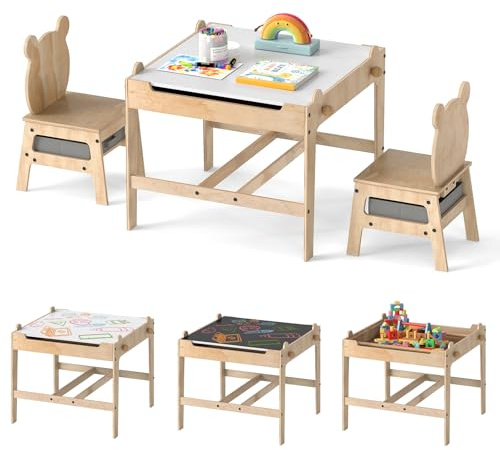 COSTWAY Kids Table and Chairs Set, Wooden Children Tables with Reversible Tabletop, Storage Drawers, 3PCS Toddler Activity Furniture for Learning, Arts, Craft (Natural+Grey, 60 x 60 x 52 cm)