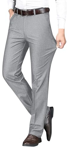 Pantalon habillé slim fit pour homme – Tissu extensible avec devant plat, taille élastique, convient pour le bureau, les occasions formelles et professionnelles, gris, L