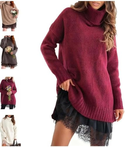 Ensemble de robe pull à col roulé pour femme, ensemble de 2 pièces avec un élégant débardeur en dentelle et un doux haut en tricot oversized, Rouge, XL