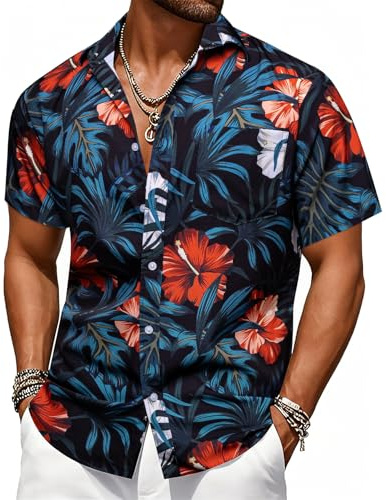 Barry.Wang Mens Hawaiian Shirts Short Sleeve Beach Casual Aloha Summer Button Down Tropical Floral Red Lightweight Holiday