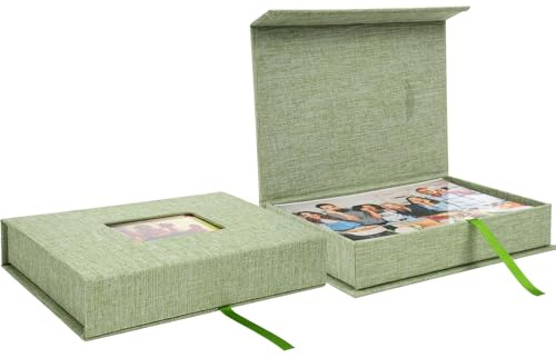 Hiwhy Foto Aufbewahrungsbox 20×14,5 cm mit Sichtfenster, Leinen Fotobox für Bilder, Erinnerungsbox für Fotos, Urkunden, Scrapbooking-Zubehör, Andenken und Schmuck, Grasgrün