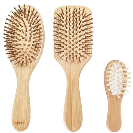 3pcs Brosse à Cheveux en Bambou Naturel avec Coussin Pneumatique pour Hommes, Femmes, DifféRentes Tailles et Formes, DéMêLage Doux, Massage Cuir Chevelu, Antistatique