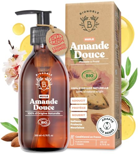 BIONOBLE Ekologisk Sötmandelolja Kallpressad - Hud, Hår, Baby - 200ml | 100% Ren, Utan Hexan, Dermatologiskt Testad - Mjukgörande, Närande - Vegan Sweet Almond Oil - Glasflaska med Pump