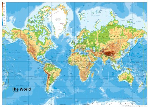 Physical Map of The World - Size A1-59.4 x 84.1cm - Paper Laminated