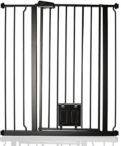 Bettacare Haustiergitter mit Verriegelbarer Katzenklappe, 87.9cm - 95.5cm, Schwarz, 104cm in der Höhe, Extra Hohes Haustier Sicherheitsgitter mit Katzenklappe, Einfache Installation