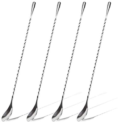 HQCM 4PCS Cocktail Stirrers, 304 Stainless Steel Long Handle Mixing Spoon Teaspoons Shaker Spoons Tea Drink Mixer Latte Glasses Stirrer for Bar Home DIY Coffee Design, Silver 11.85inch