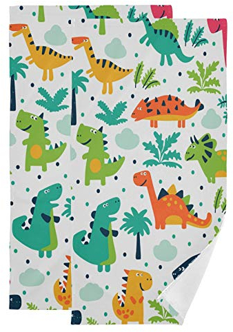 Vdsrup Niedliche Dinosaurier-Handtücher Palme Dino Drachen Handtuch Set von 2 Waldbaum kleine Badetücher weiches Gästegesicht Handtuch Badezimmer Dekorationen dünne Küche Geschirrtücher 35,6 x 71,1 cm