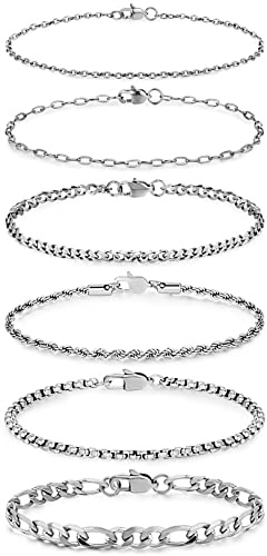 Honsny 6PCS Stainless Steel Bracelets for Women Men,14K Gold Plated Cuban Link Paperclip Chain Bracelet Dainty 6.3/7/7.8/9.5 Inch Stainless Steel Bracelet Set Fashion Jewelry