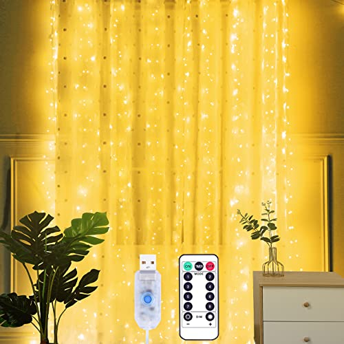 Yizhet USB Lichtervorhang 3x2m, LED Lichterkette Vorhang mit Fernbedienung, IP65 Wasserdicht, Deko für Schlafzimmer, Valentinstag, Hochzeit, Ramadan (Warmweiß)