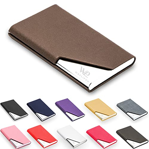 Waylipun Business Card Holder, Professional PU Leather & Stainless Steel Business Name Card Case, Keep Business Cards in Immaculate Condition, Slim Metal Pocket Card Holder with Magnetic Shut(Brown)