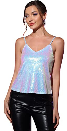 Allegra K Damer spaghetti glänsande camisole klubb party gnistrande paljetter crop cami linne topp, Holografisk, L