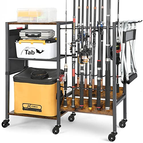Olakee Fishing Rod Holder for Garage, 12 Fishing Pole Rack & Tackle Organizer, Fishing Gear Storage Cart for Home Entryway & Corner, Space Saving Rod Stand, Heavy Duty Gift for Men Dad Anglers