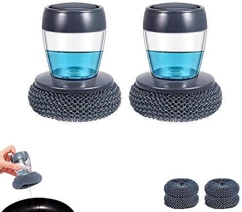 2X Bürste mit Seifenspender für die Küche. Topfreiniger zum Schrubben und Reinigen von Utensilien, Geschirr, Töpfen, Pfannen. Antihaft-PET-Material mit 4 Ersatzschwämmen.
