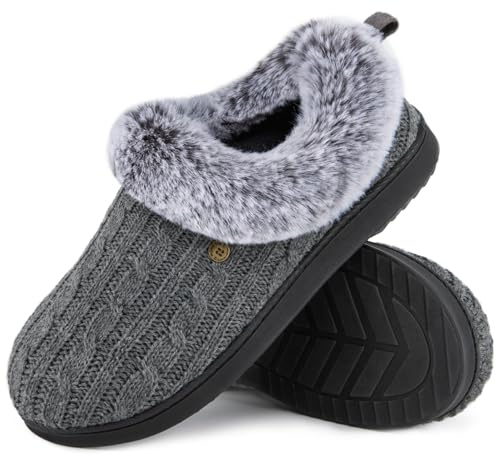 HomeTop Women's Cable Knit Slippers Breathable Warm Comfy Non-slip Indoor Outdoor House Shoes with Fuzzy Collar Grey, 5-6 UK