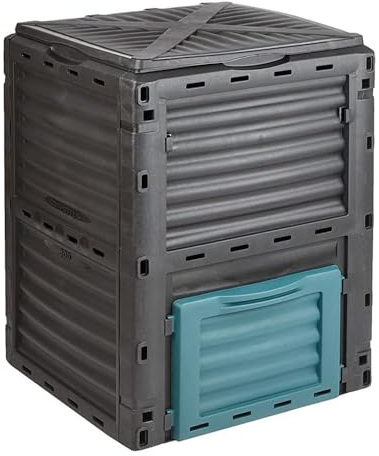 Easylife Garden Compost Bin Outdoor - Weatherproof Rubbish Bin with Hinged Trap Door - Easy Assembly Compost Maker for Garden Clippings, Grass - Durable Trash Can, H81xDia60cm, 300L, Black