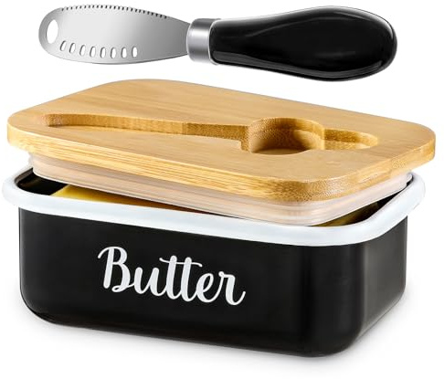 Butter Dish with Lid and Butter Curler Knife for Countertop - Unbreakable Metal Keeper Container with High-quality Double Silicone Sealing, for Kitchen Farmhouse Decor, Black