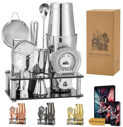 Jettory Boston - Juego de coctelera de acero inoxidable de 10 piezas con base acrílica, colador de bar, pinzas para hielo, cuchara de bar, vaso medidor, mortero, perfecto para el bar en casa (plata)