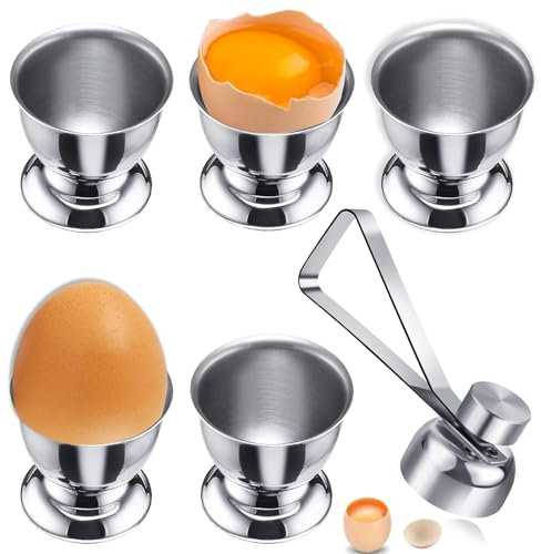 qhklew 5 Pièces Coquetiers en Acier Inoxydable avec 1 Ouvre-œuf en Acier Inoxydable, Support de Coquetier pour Plateau de Petit Déjeuner, Forme de Petit Verre à vin, Ensemble de Porte œufs
