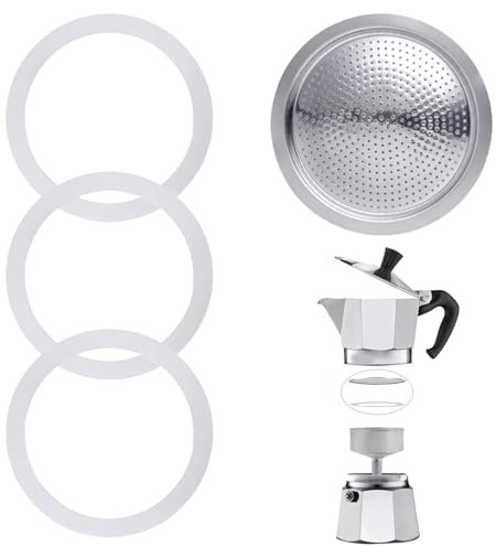 3 guarnizioni per caffettiera espresso 6 tazze, guarnizione di ricambio in silicone con inserto in alluminio, anelli di tenuta per caffettiera (3 anelli di tenuta in silicone + 1 filtro in acciaio)