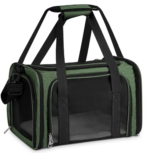 TOFFCAEA Transporttasche für Katze Hund, Hundetransportbox, Faltbare Katzentransportbox, tragbar, 5kg Katzen Hunde Tragebox, für mittelgroße Hunde, Katze (Grün, L 43 x B 28 x H 28 cm)