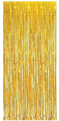 Ovanda Lametta Vorhang Gold, Glitzervorhang, Luftschlangen Gold, Mädchen Geburtstagsdeko Gold, Fotowand Hintergrund für Weihnachten,Silvester,Geburtstag,Abschluss, Goldene Hochzeit, Party Deko(1x2,5m)