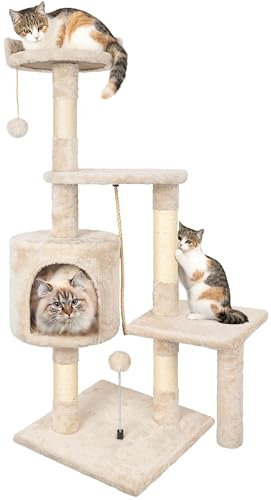 Cat Tree, 112cm Cat Scratching Post for Indoor Cats, Multi-Level Stable Cats Tower with Sisal Scratching Posts, Plush Toy Balls, Cave, Sisal Rope for Kitten Pets Climbing and Relaxing, Beige