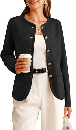 Arach&Cloz 2026 Fashion Sweater Blazers for Womens Long Sleeves Collarless Button Down Wool Cashmere Dressy Work Business Casual Clothes Spring Winter Trendy Cardigan Pockets Black XL