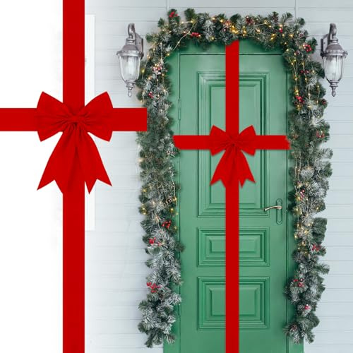 Lazo Grande de Navidad para Puertas de Armario - Moño Rojo de Terciopelo 40x33 cm con Cinta de 4.3m para Navidad Árbol Ventanas Chimenea Decoración de Puerta Principal
