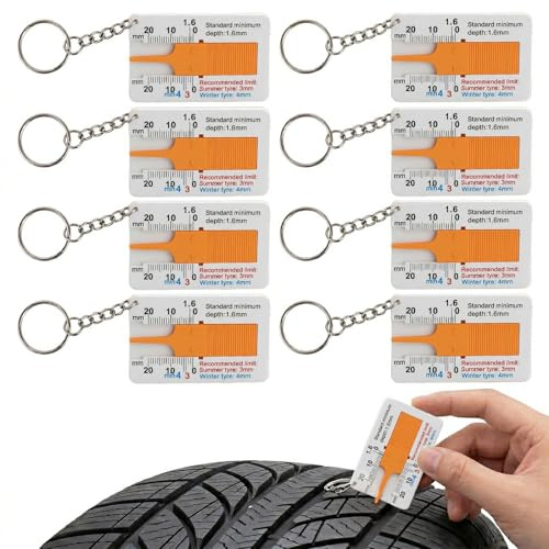 8 unidades de medidor de profundidad de perfil para neumáticos, 0 ~ 20 mm, de plástico, medidor de profundidad de perfil con llavero, para coche, moto, furgoneta, camión, caravana