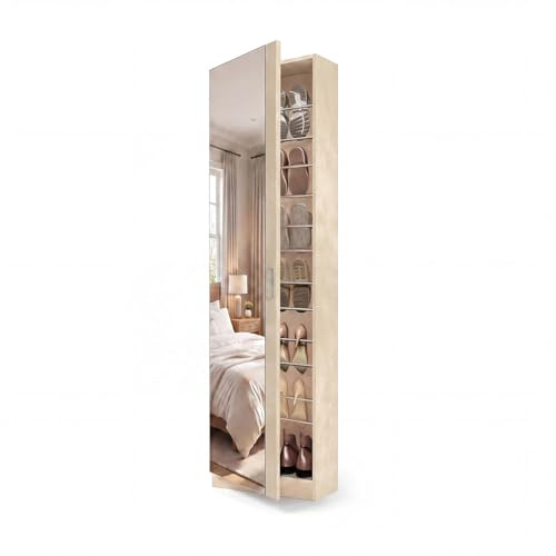 duehome | Armario Zapatero, Zapatero con Espejo, Modelo Roma, Acabado en Microcemento Beige, Medidas: 50 cm (Ancho) x 180 cm (Alto) x 20 cm (Fondo)