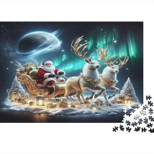 Christmas Sleigh with Reindeer 1000 Piece Jigsaw Puzzle Paper for Adults Northern Lights Night Family Game Gift Home Decor Relaxation 38x26cm/1000pcs