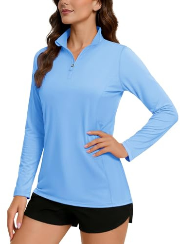 TACVASEN Camiseta de manga larga para mujer con protección UV UPF 50+ con cremallera 1/4 camiseta rash guard, azul, L