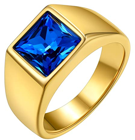 Bague Homme Or Plaque 59 Chevaliere Acier Zircon Bleu Petit Anneau Pierre Inoxydable Bagues Garcon Zirconium Bijoux Index Annulaire Auricualire