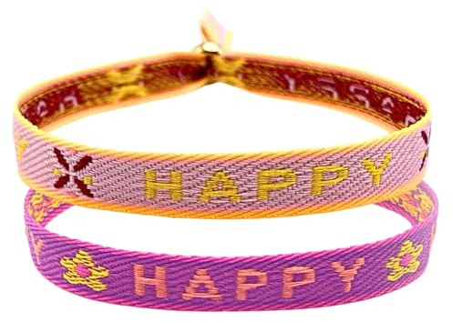 happymaker - Boho Schmuck Damen, Stoffarmband im Surfer Style für Frauen, wasserfest und handmade (2er Set: Happy)