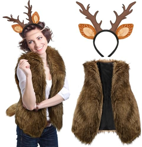 Suhine 3 Pcs Deer Costume Set Deer Antlers Headband with Ears Faux Fur Vest for Christmas Halloween Cosplay(Large)