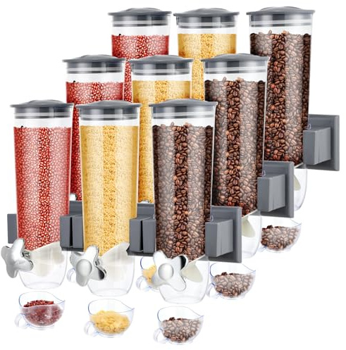 Triple Food Dispenser - 3 Set Easy To Use Dry Food Dispenser for Candy, Nuts, Rice, Granola, Cereal - Dispensing 1 Oz Per Twist And Preserving Freshness For Fun, Easy Serving.5.4 L (Each Set)(Gray)