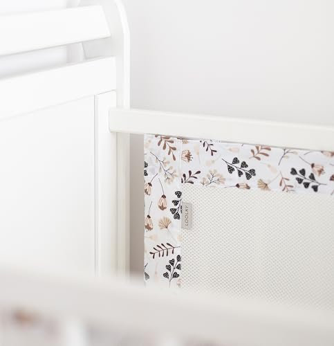 LOOLAY Bettumrandung für 120 x 60 cm Babybett – 2 Teiliges 110 x 30 cm Atmungsaktives Bettumrandung aus Netzstoff – Babybett Umrandungen – Klettverschluss stark Befestigung (Braun Blumen)
