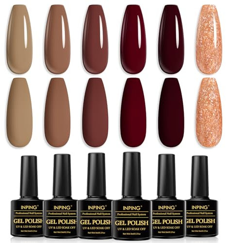 INPING Gel Nail Polish, 6 Colors Autumn Gel Polish, Dark Brown Khaki Chocolates Caramel Coffee Glitter Gold Fall Winter Nail Varnish Soak Off UV/LED for Halloween Christmas DIY Home Nail Art